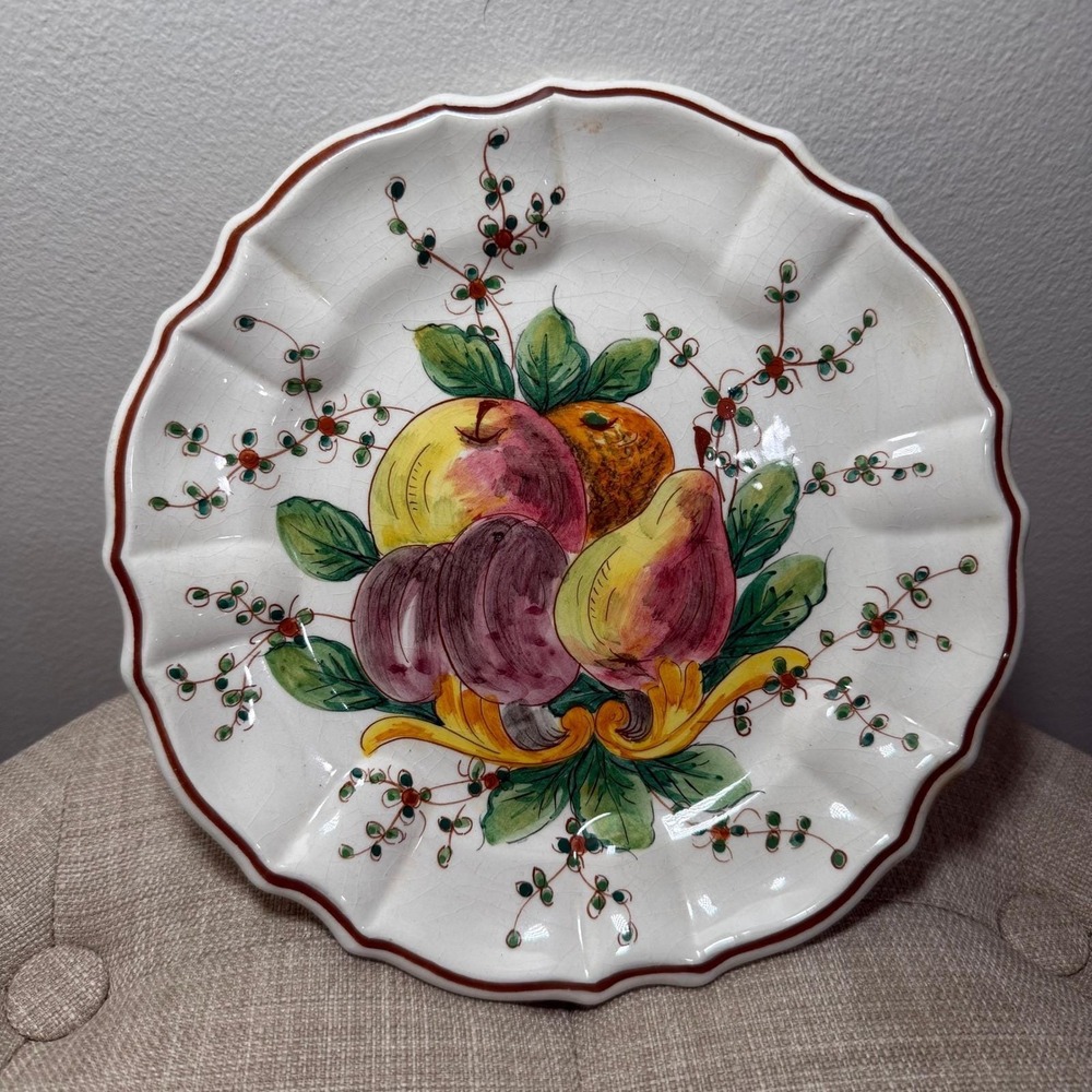 KB Italy‎ Hand Painted Majolica Fruit Plate Scalloped Crackle Glaze Vintage